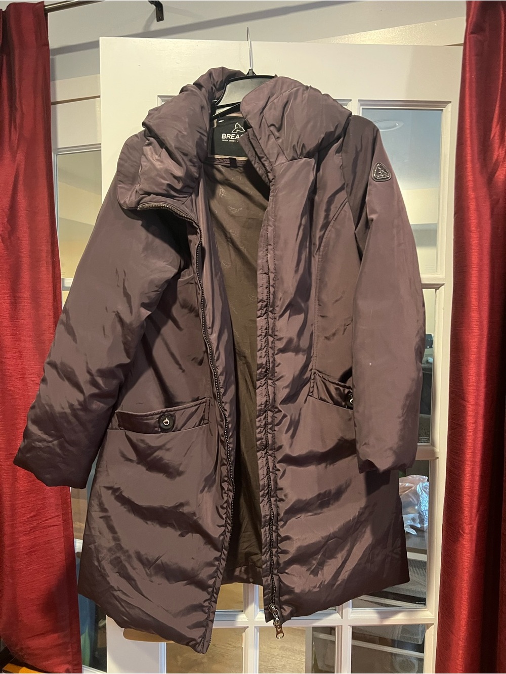 Breach Breathable Hooded Long Puffer Coat in Deep Plum